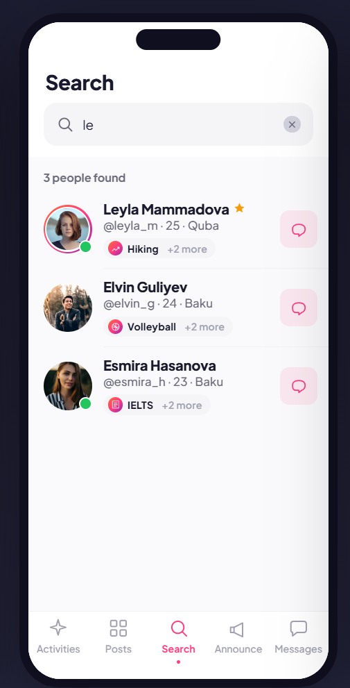 Search screen — find people by hobby